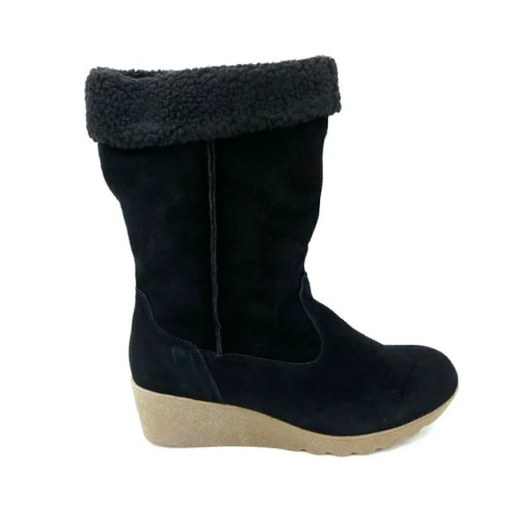 LANDS END Chalet Short Boots Faux Fur wedge 7B
